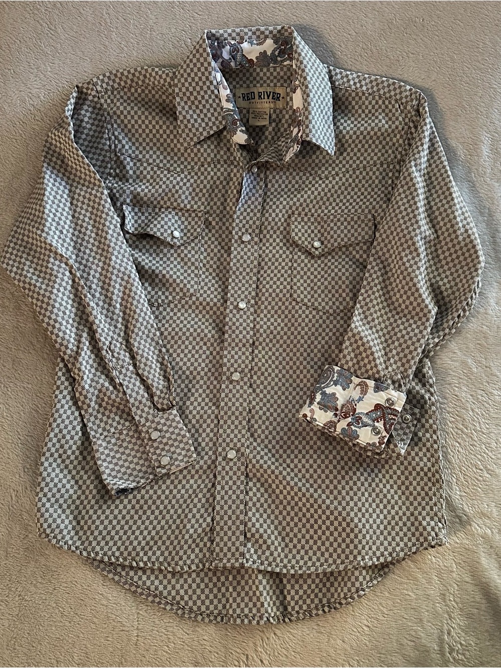 Red River Boys' Brown Check Pearl Snap Button-Down Shirt with Paisley Trim